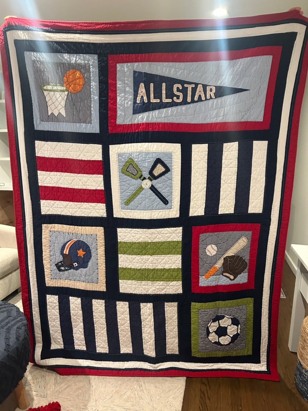 Pottery Barn Kids Allstar Patchwork Quilt - Navy, Red, White, Green